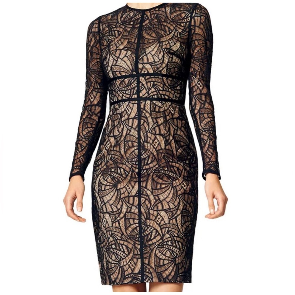 Monique Lhuillier Black Nude Lace Long Sleeve Dress Sz 0